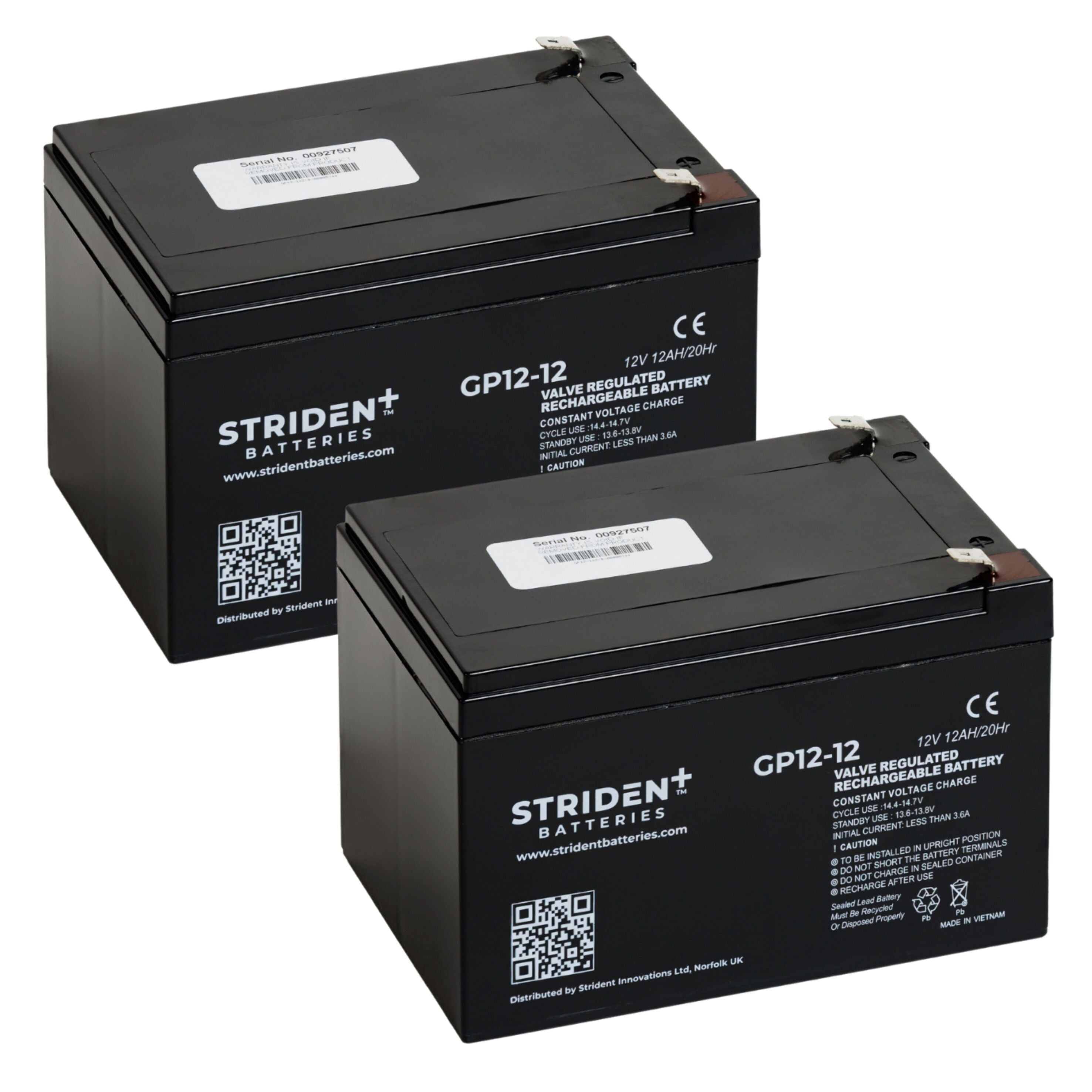 Pair of Strident Mobility Scooter Battery Lead Acid - AGM - 12V 12AH - Humber Mobility Centre