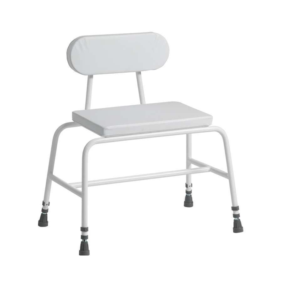Bariatric Perching Stool - White PVC Seat with Padded Back, No Arms
