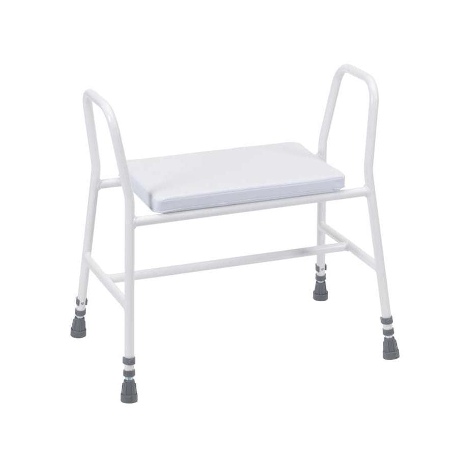 Bariatric Perching Stool - White PVC Seat and Tubular Armrests, No Back