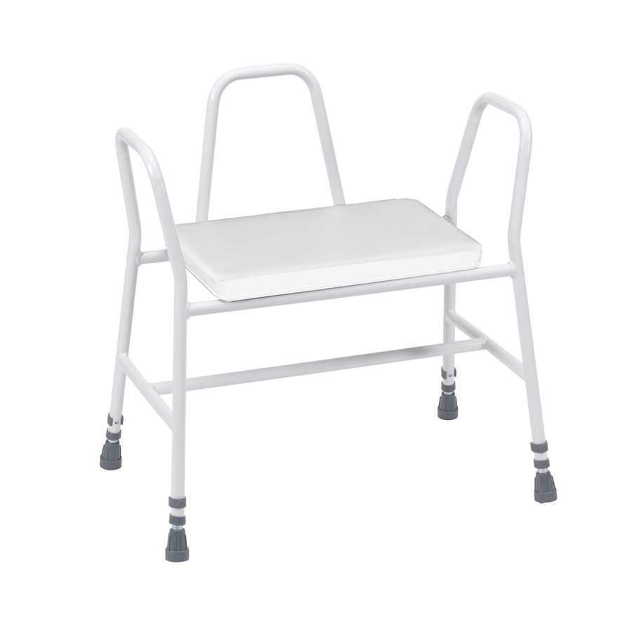 Bariatric Perching Stool - White PVC Seat, Tubular Armrests and Back
