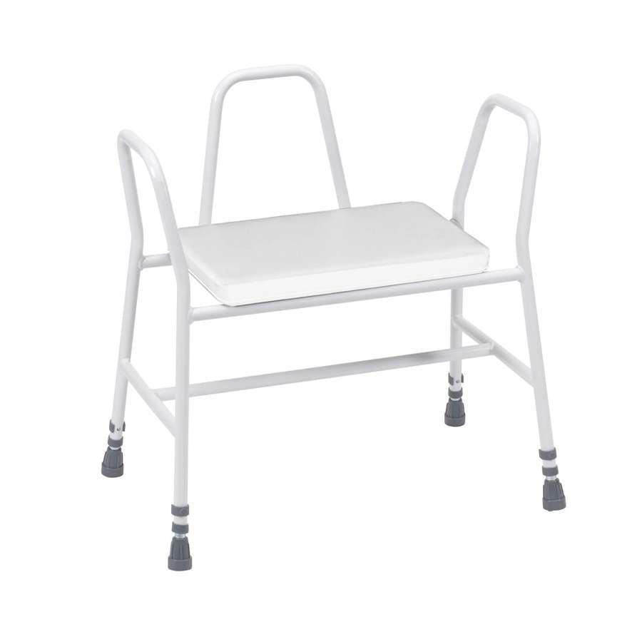 Bariatric Perching Stool - White PVC Seat, Tubular Armrests and Back - Humber Mobility Centre