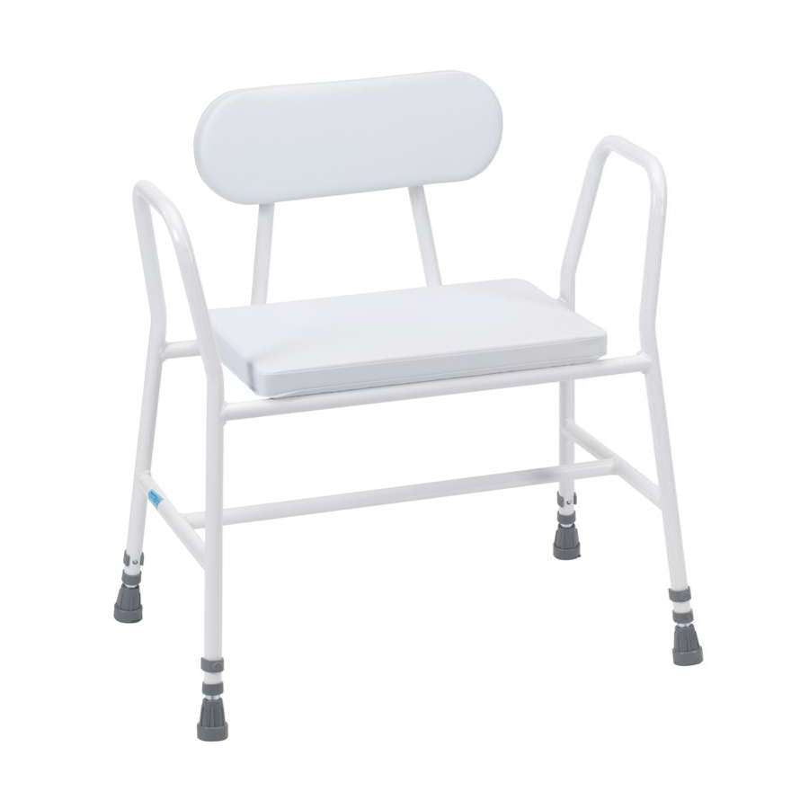 Bariatric Perching Stool - White PVC Seat with Tubular Armrests and Padded Back - Humber Mobility Centre