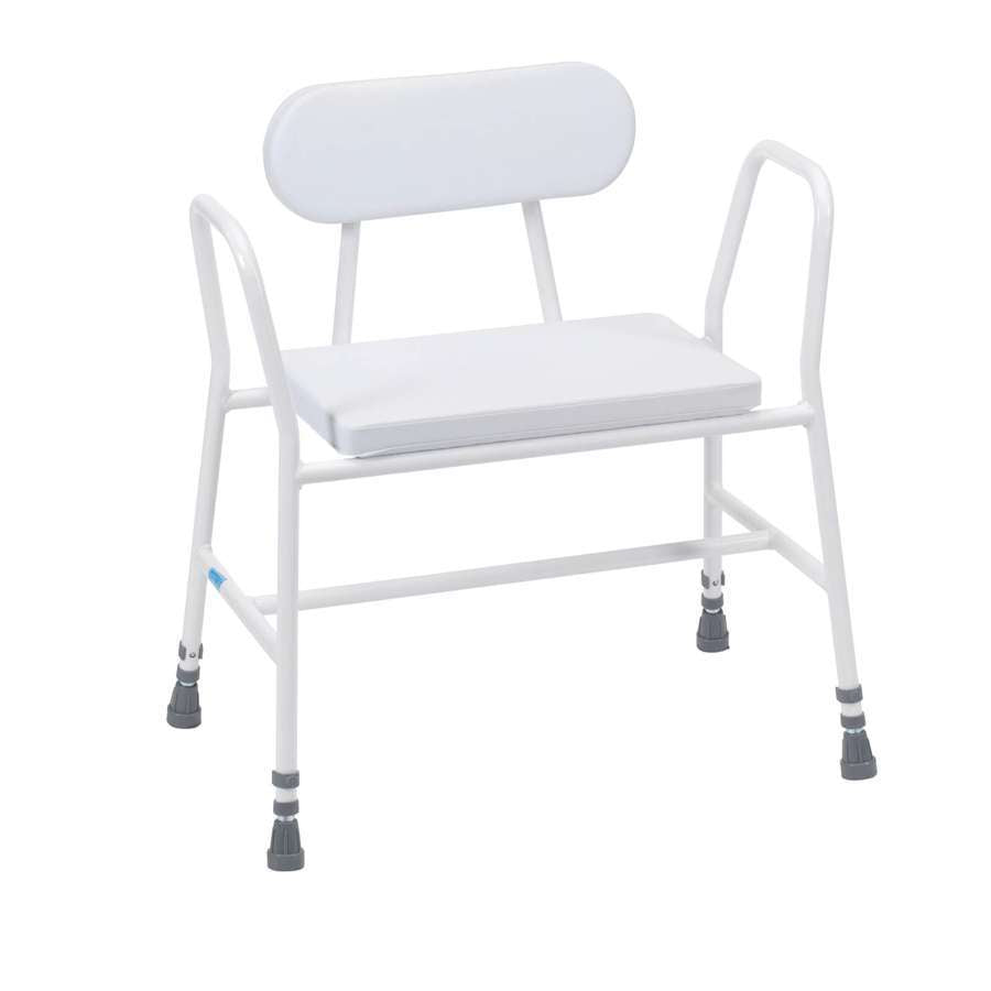 Bariatric Perching Stool - White PVC Seat with Tubular Armrests and Padded Back - Humber Mobility Centre