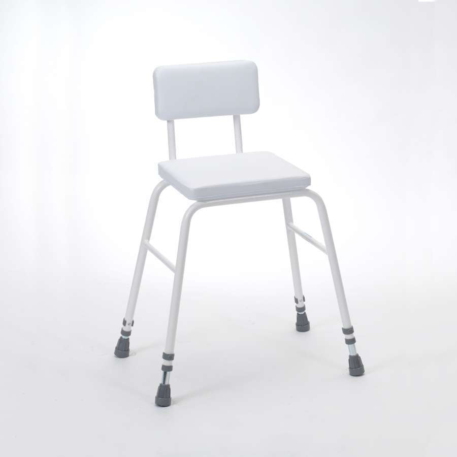 Perching Stool - White PVC Seat with Padded Back, No Arms