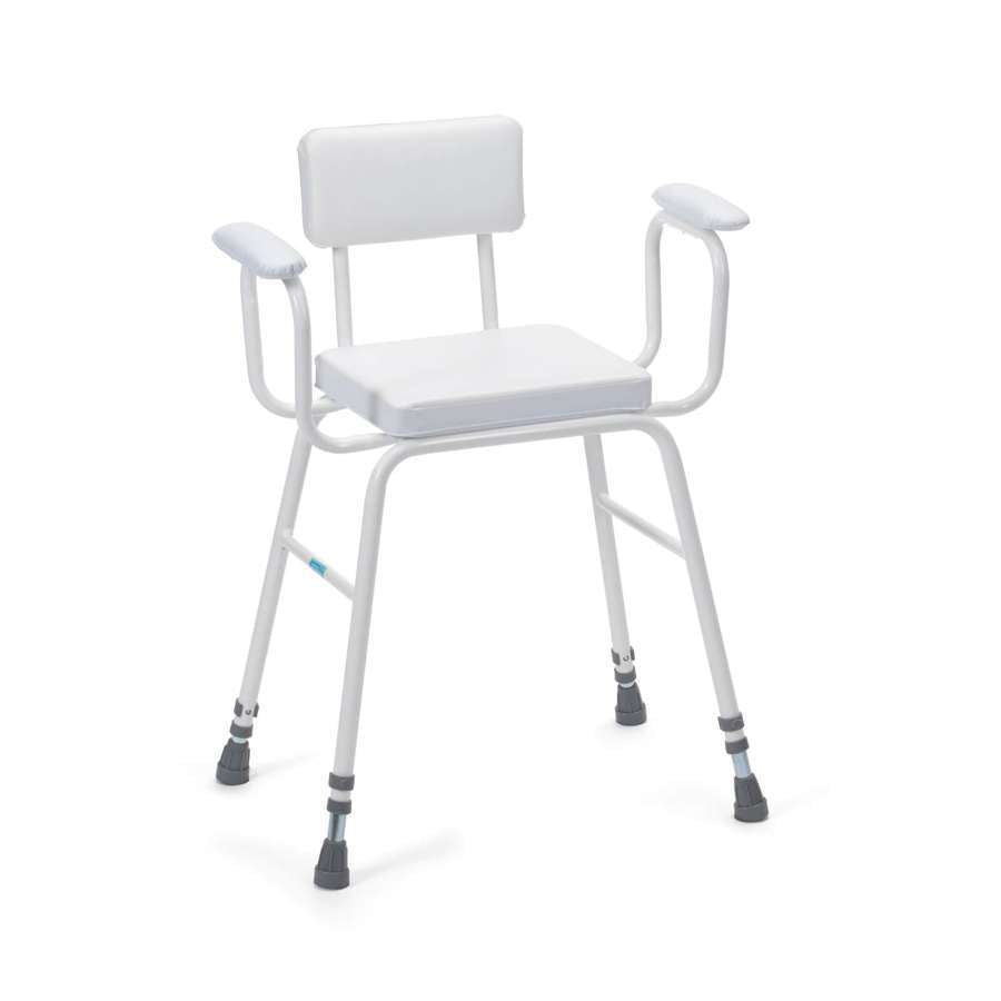 Perching Stool - White PVC Seat, Padded Back and Armrests