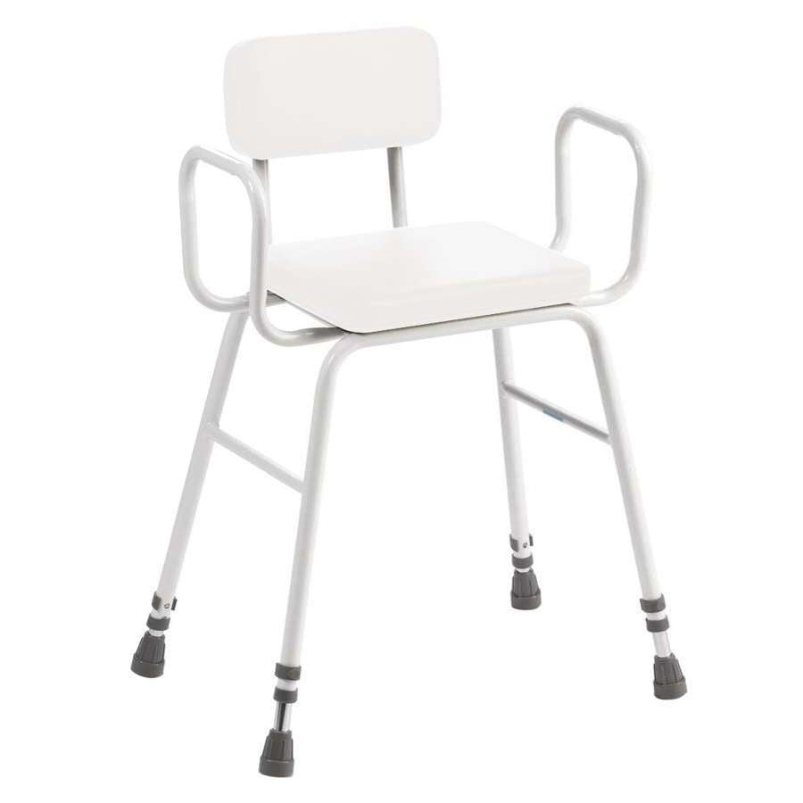 Perching Stool - White PVC Seat, Tubular Armrests and Padded Back